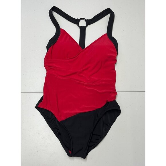 Aquagreen Colorblock One Piece Swimsuit Ruching Waistline Red Black Small NEW - Picture 1 of 6